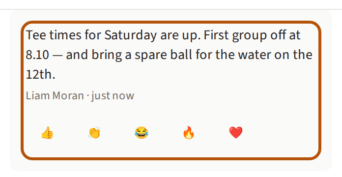 A post on the Noticeboard as a member sees it, ringed: the message, who posted it and how long ago, and a row of five reactions beneath.