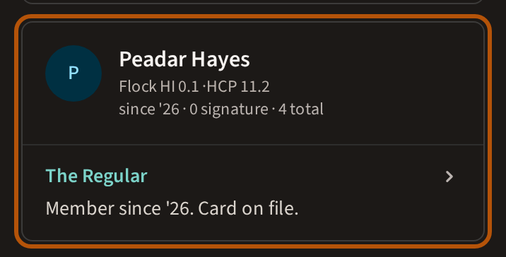 One member's card, ringed: their picture, name, Flock HI and handicap, the years and events they have played, and a line about their golf.