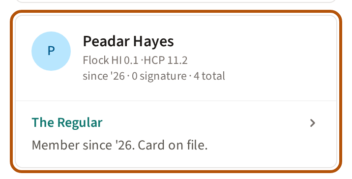 One member's card, ringed: their picture, name, Flock HI and handicap, the years and events they have played, and a line about their golf.