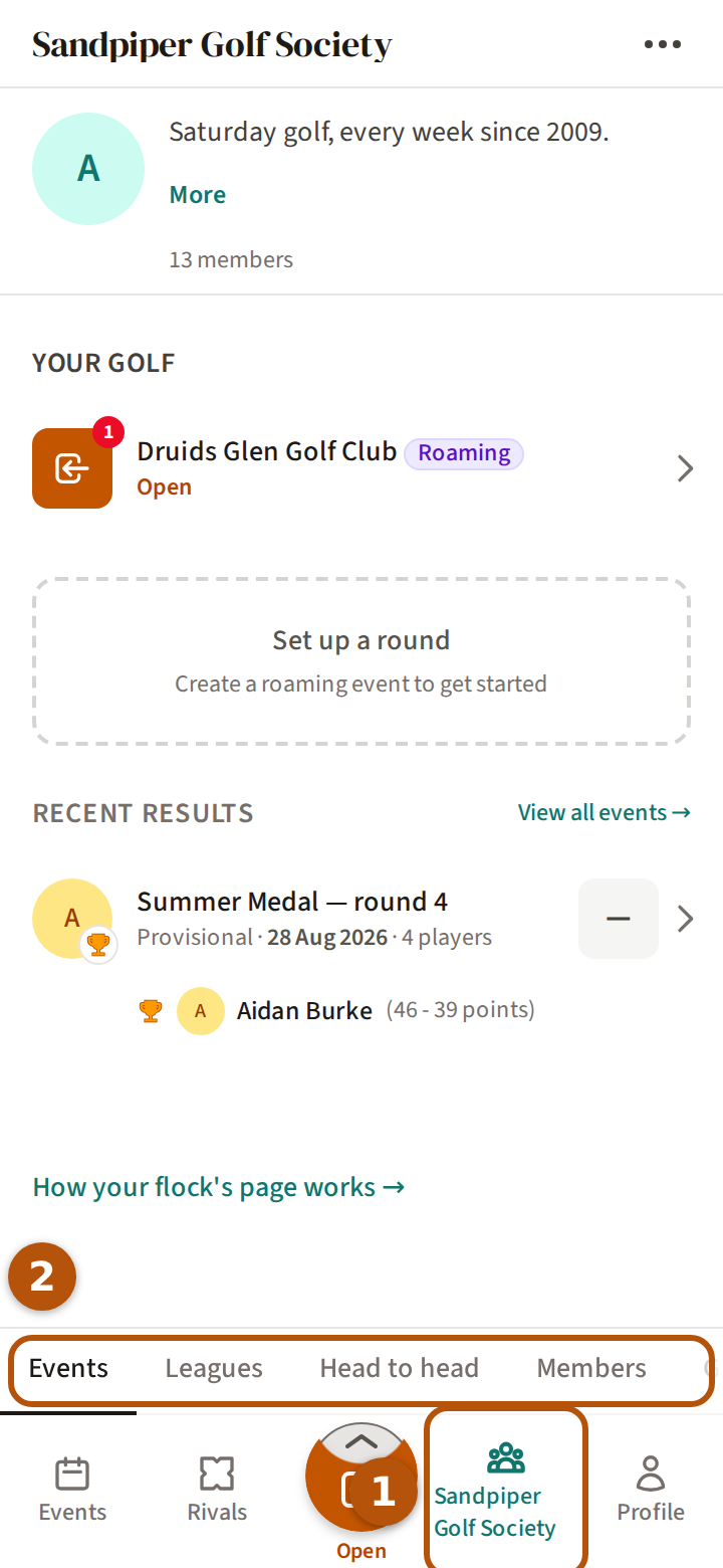 A flock's page on its Events section: the flock's name on the bar numbered 1, and the sections numbered 2 just above it, under the flock's logo, description and member count.