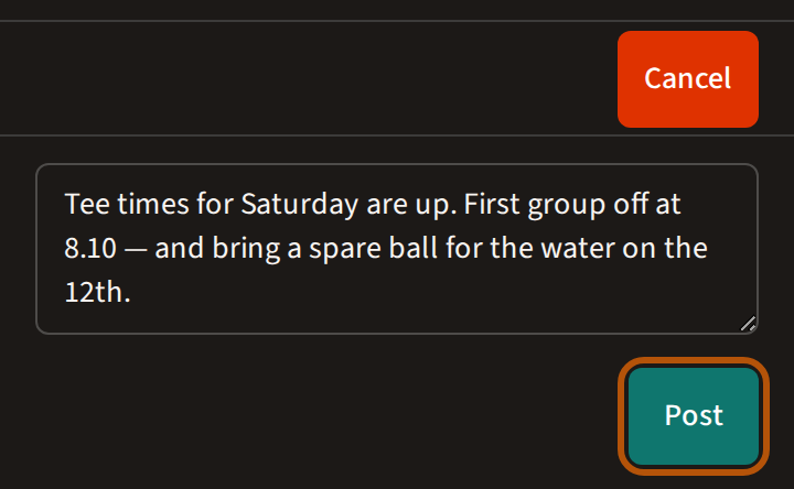 An admin writing a post: the box for the message, with the Post button beneath it ringed and Cancel above.
