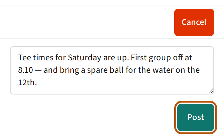 An admin writing a post: the box for the message, with the Post button beneath it ringed and Cancel above.