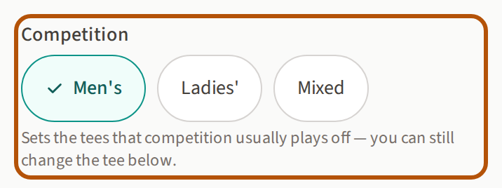 The Competition row with three choices — Men's, Ladies' and Mixed — with Men's selected.