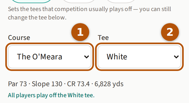 The Course box showing The O'Meara, numbered 1, and the Tee box showing White, numbered 2. Below them: Par 73, Slope 130, CR 73.4, 6,828 yds, and the line 'All players play off the White tee.'