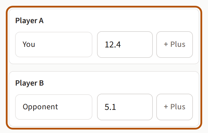 Player A named You with a Handicap Index of 12.4, and Player B named Opponent with 5.1. Each row has a + Plus button at the end.